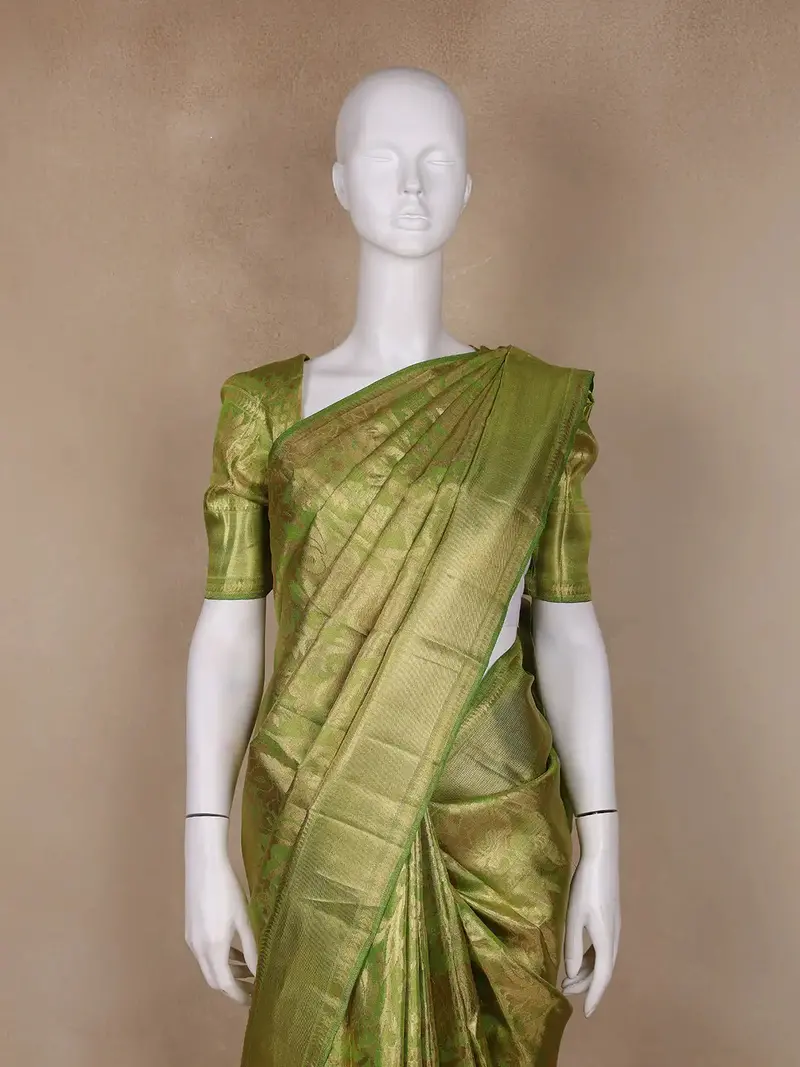 Olive Green Floral Woven Motifs Pure Kanchipuram Tissue Silk Saree 2