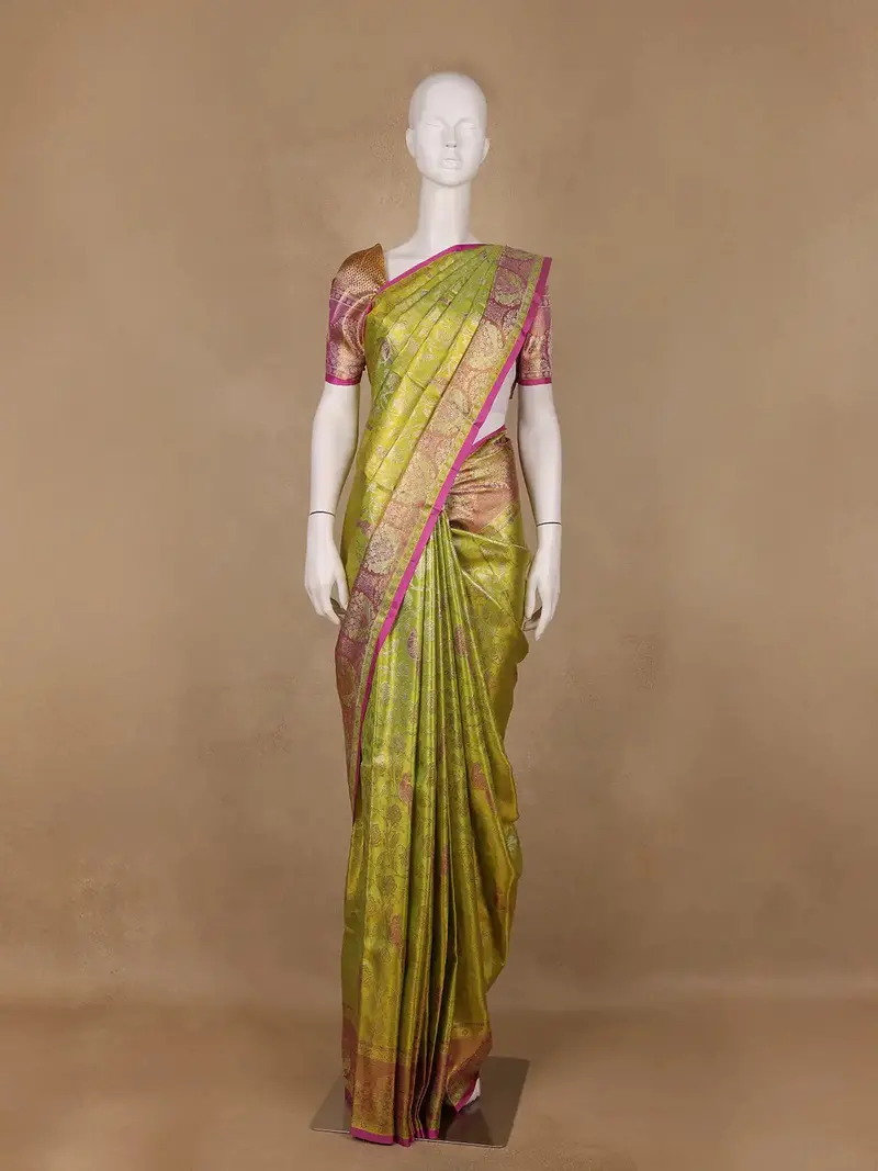Olive Green Floral Woven Pure Kanchipuram Silk Saree 1