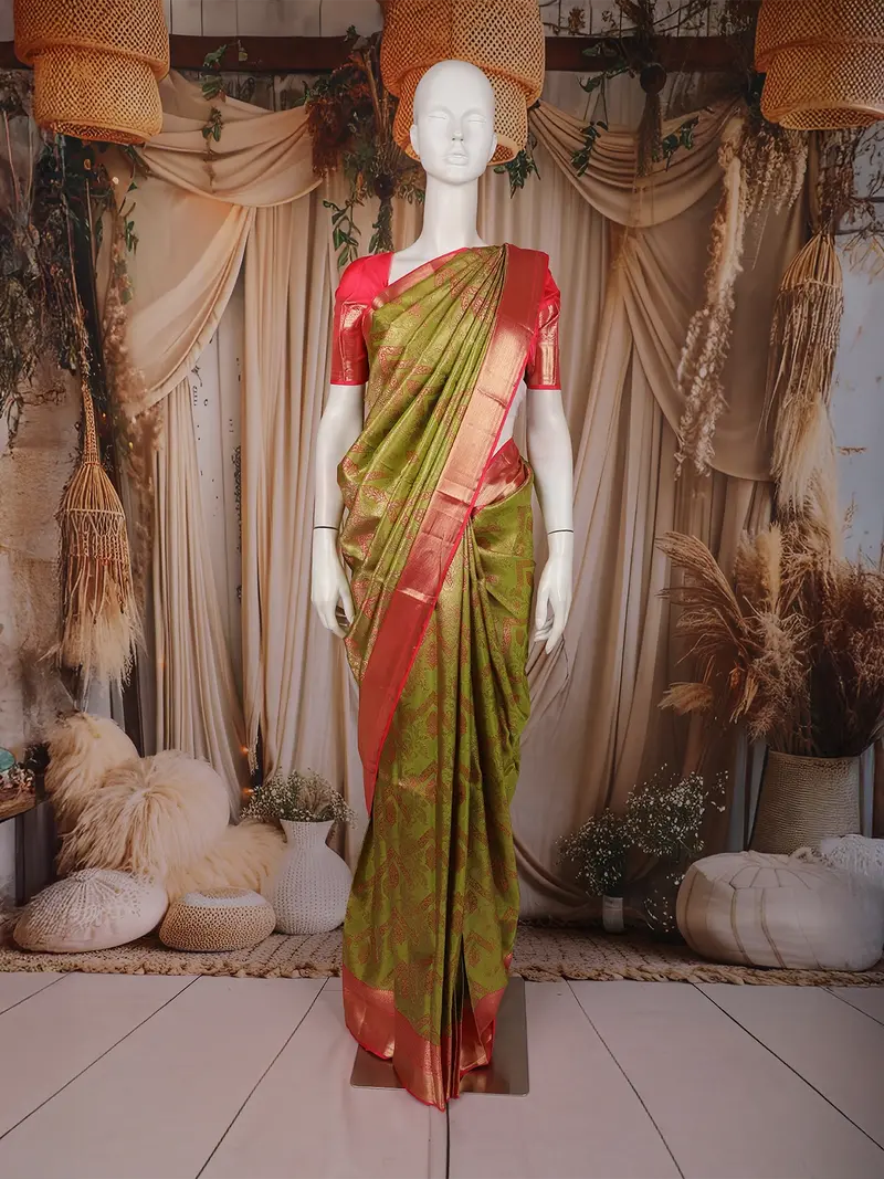 Olive Green Floral Woven Pure Kanchipuram Silk Saree With Contrast Rose Pink Zari Border 1