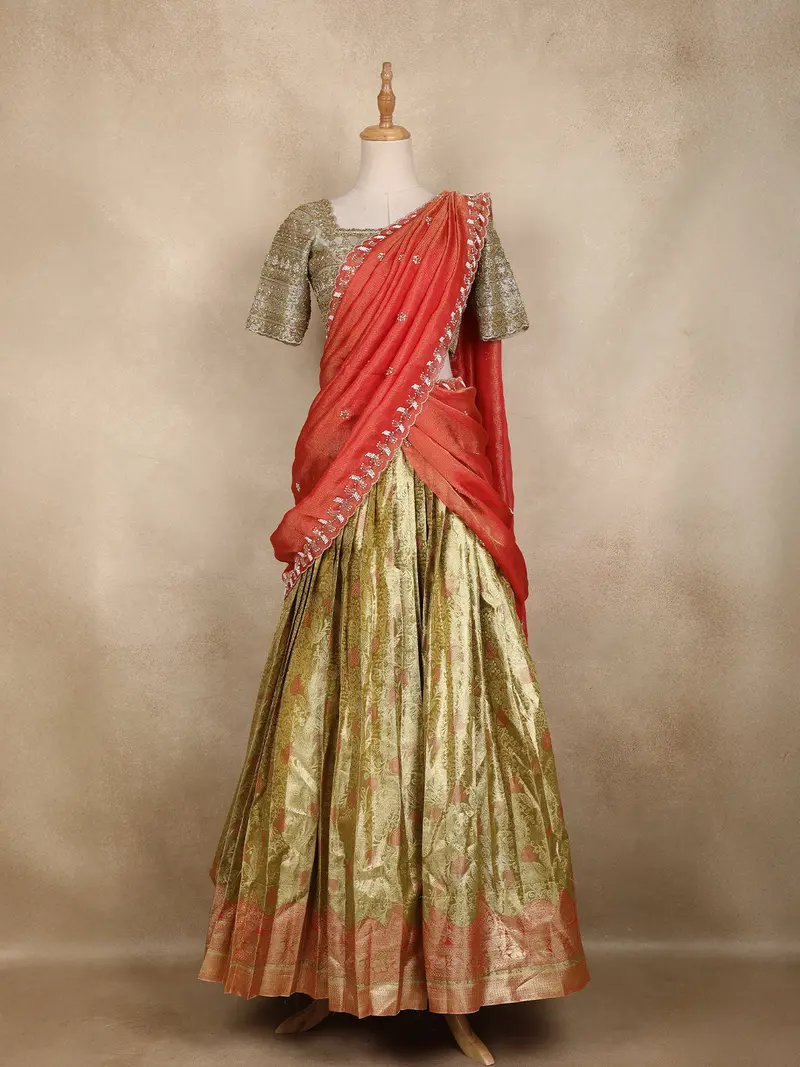 Olive Green Floral Woven Silk Lehenga With Draped Dupatta 1
