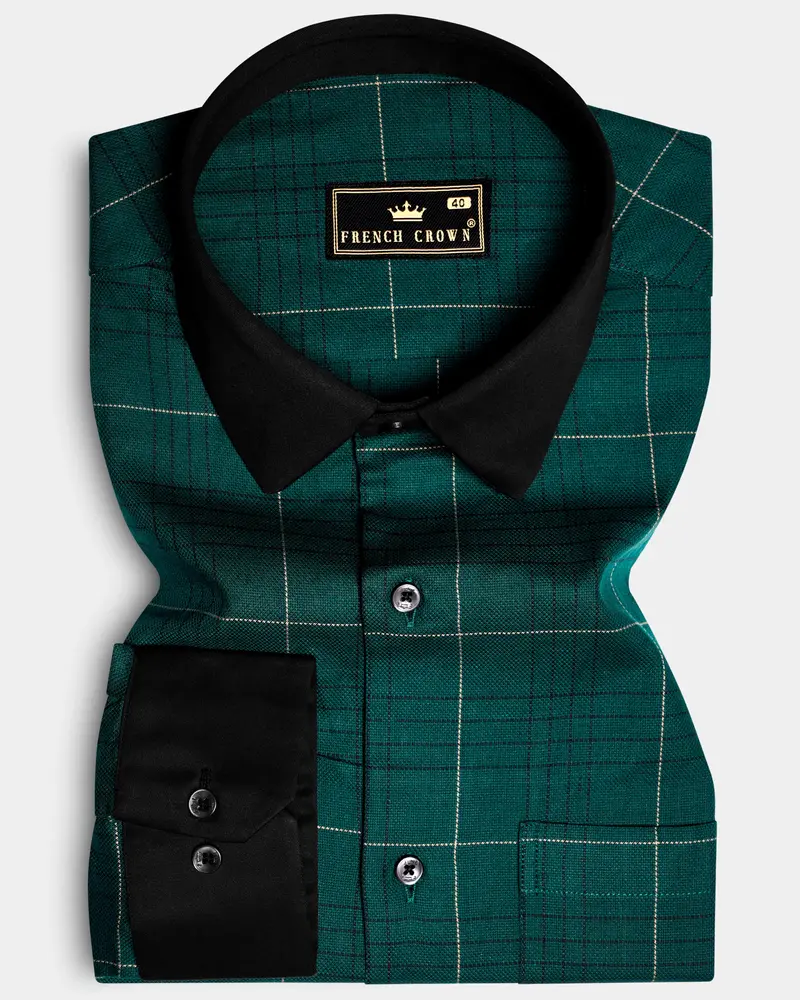 Olive Green-French Crown Plaid Dobby Textured Premium Giza Cotton Dress Shirt 1