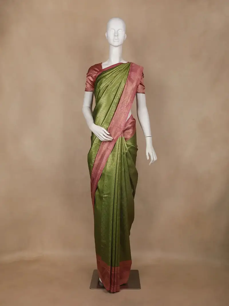 Olive Green Geometric Design Semi Tissue Silk Saree 1