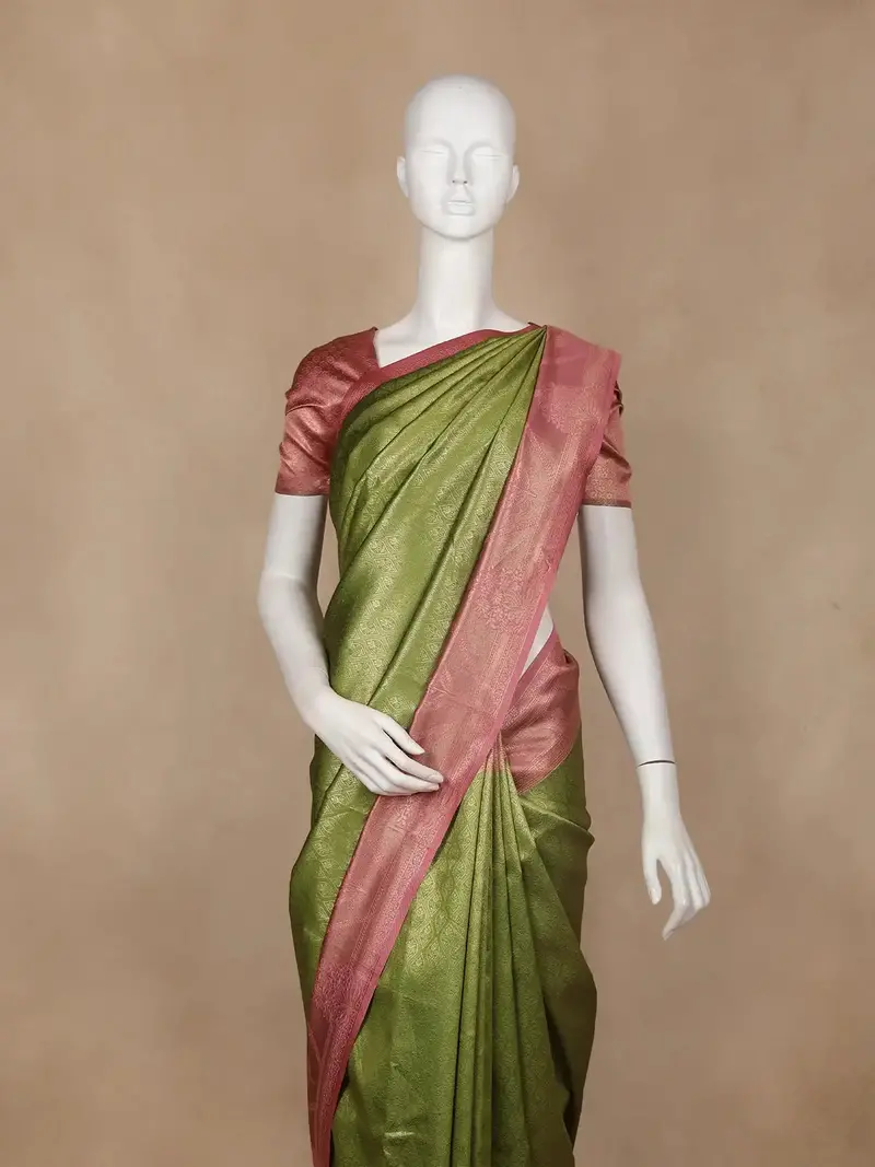 Olive Green Geometric Design Semi Tissue Silk Saree 2