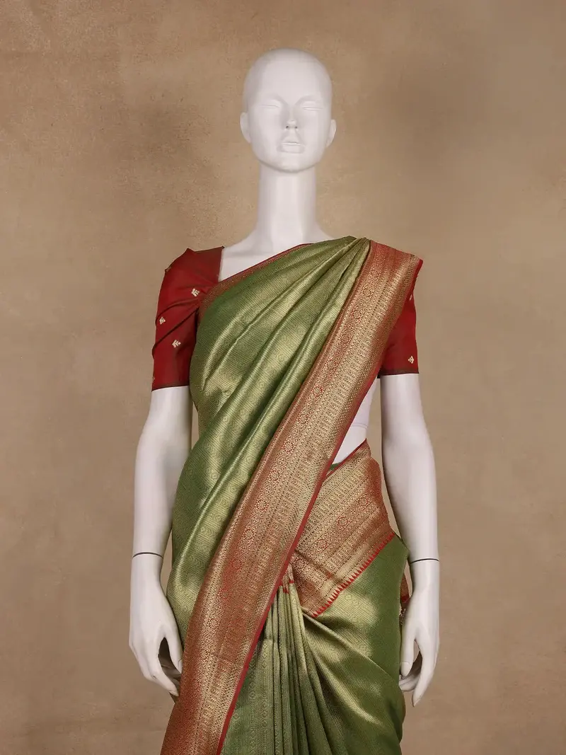 Olive Green Geometric Design Tissue Saree 1