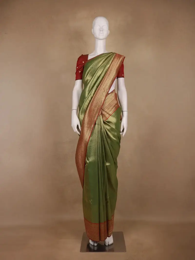 Olive Green Geometric Design Tissue Saree 2