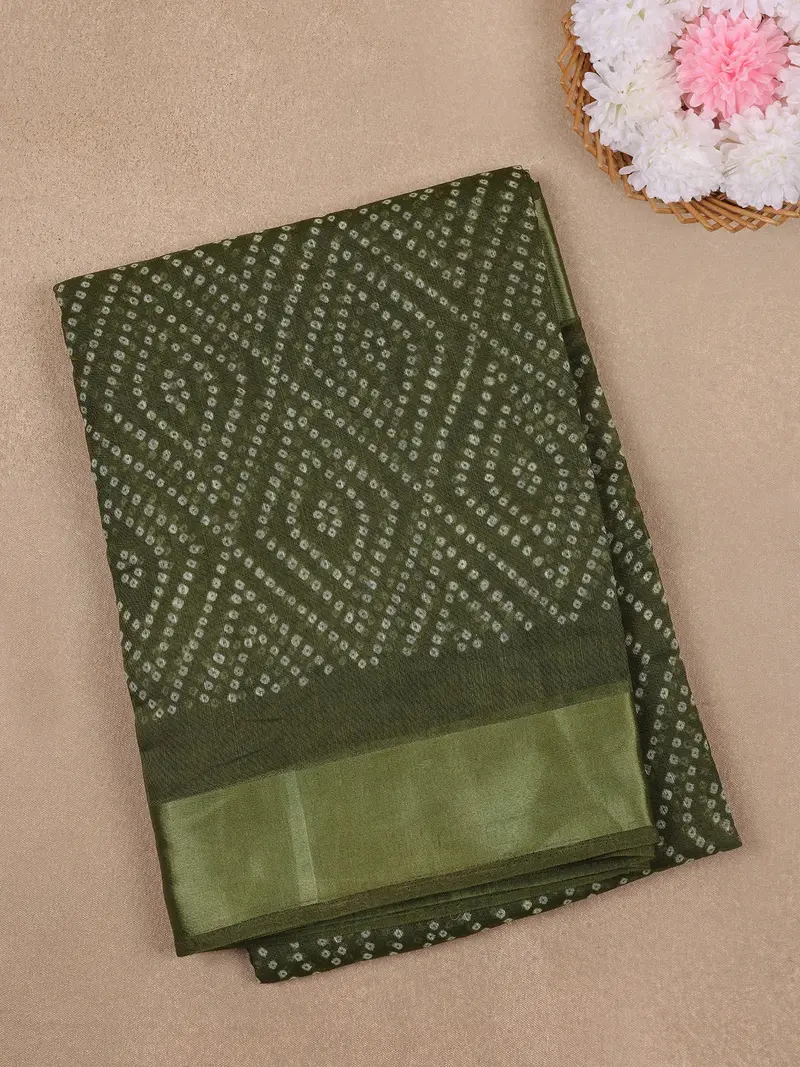 Olive Green Geometric Dotted Designed Fancy Cotton Saree 1