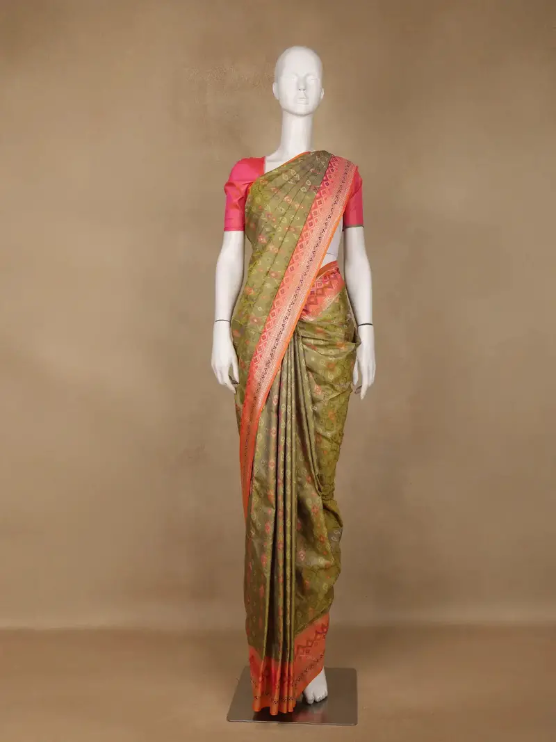 Olive Green Geometric Motif Pattern Silk Saree 1