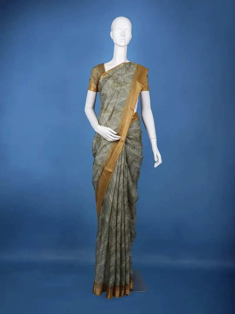 Olive Green Geometric Print Semi Tussar Silk Saree 1