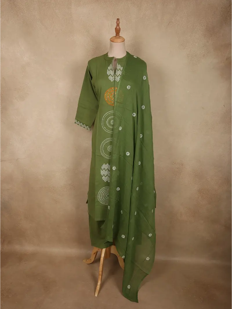 Olive Green Geometric Printed Design Cotton Salwar Suit With Dupatta 1