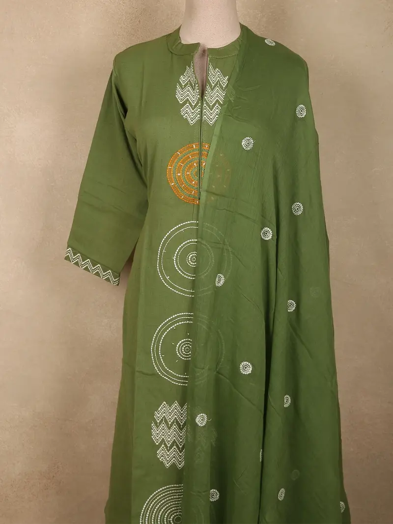 Olive Green Geometric Printed Design Cotton Salwar Suit With Dupatta 2