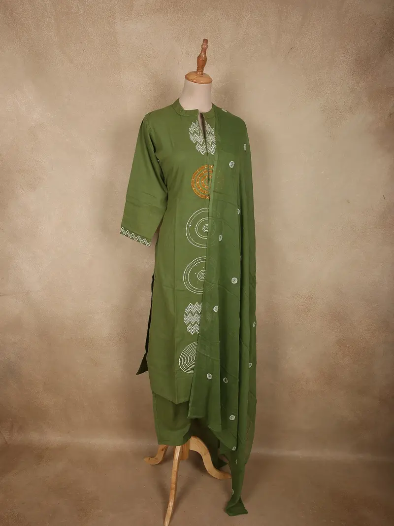 Olive Green Geometric Printed Design Cotton Salwar Suit With Dupatta 3
