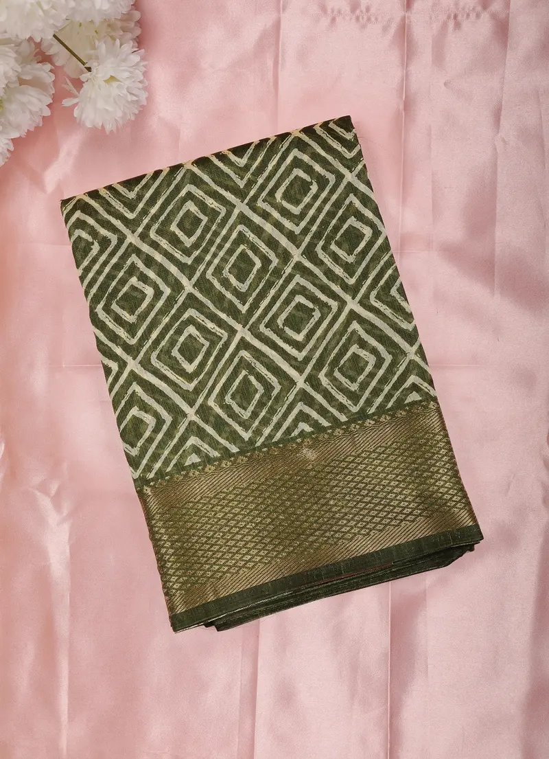 Olive Green Geometric Printed Design Mixed Silk Cotton Saree 1