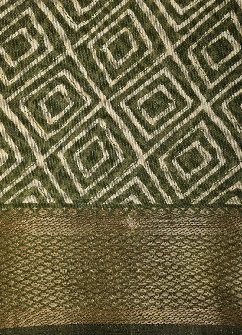 Olive Green Geometric Printed Design Mixed Silk Cotton Saree 2
