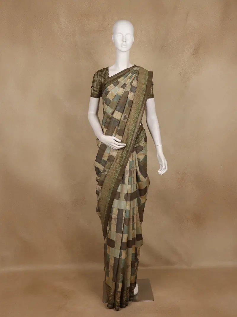 Olive Green Geometric Printed Design Tussar Silk Saree 1