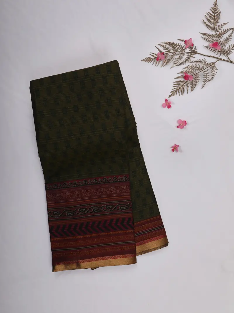 Olive Green Geometric Printed Karishma Cotton Saree With Multicolor Border 1
