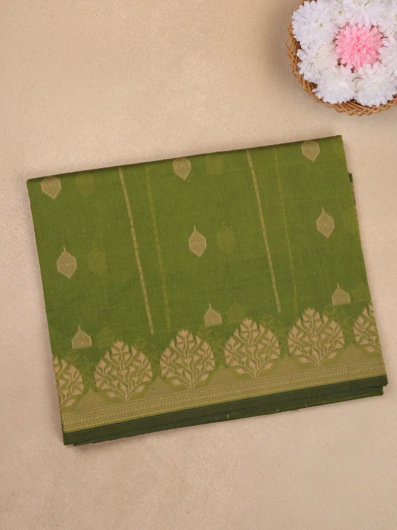 Olive Green Geometric Woven Design Cotton Saree With Self Border 1