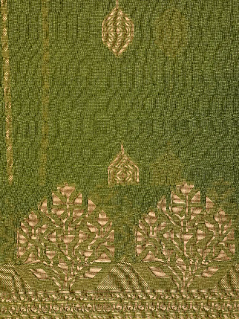 Olive Green Geometric Woven Design Cotton Saree With Self Border 2