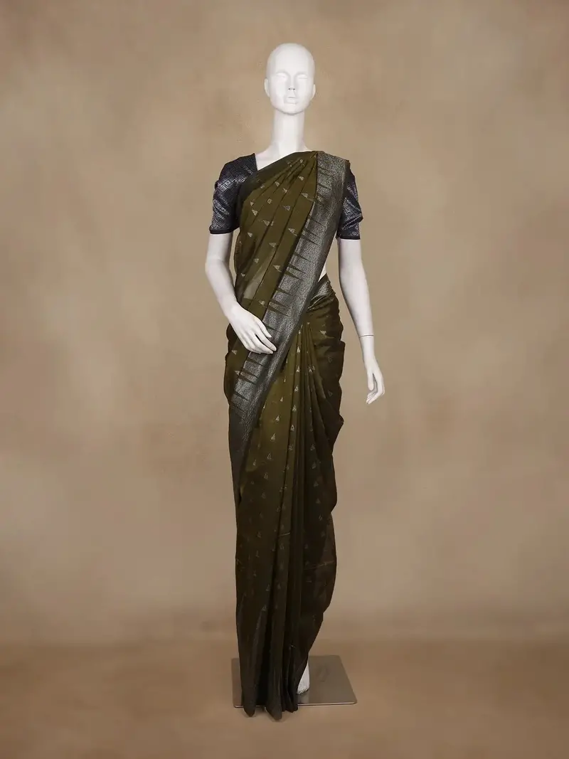 Olive Green Geometric Woven Kota Cotton Saree 1