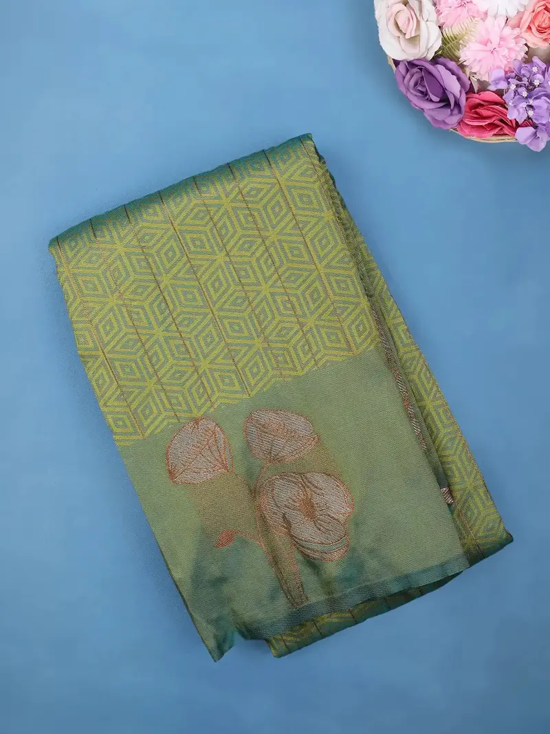 Olive Green Geometric Woven Pattern With Floral Design Soft Silk Saree 1