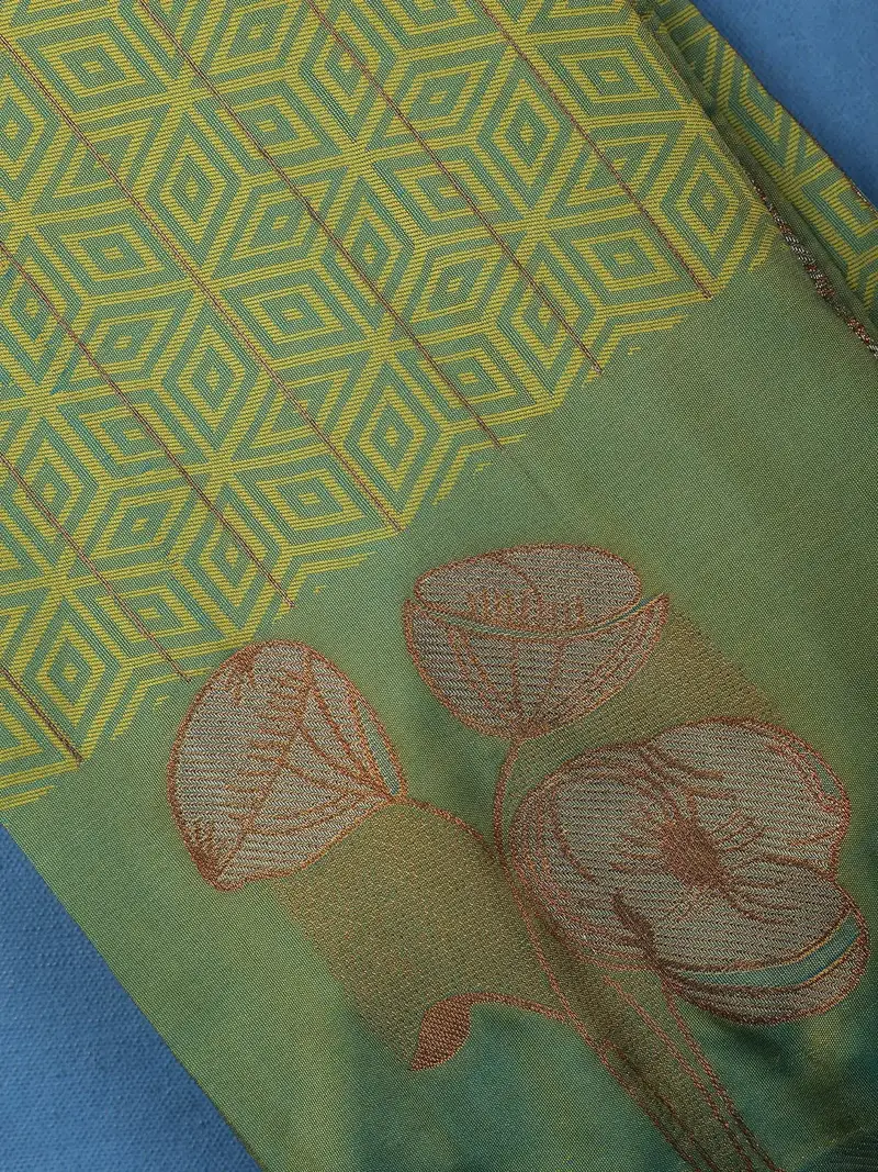 Olive Green Geometric Woven Pattern With Floral Design Soft Silk Saree 2