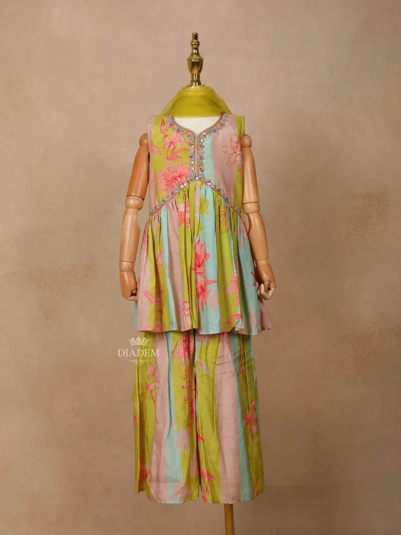 Olive Green Georgette Sharara Suit With Floral Prints And Embroidery Paired With Dupatta 1
