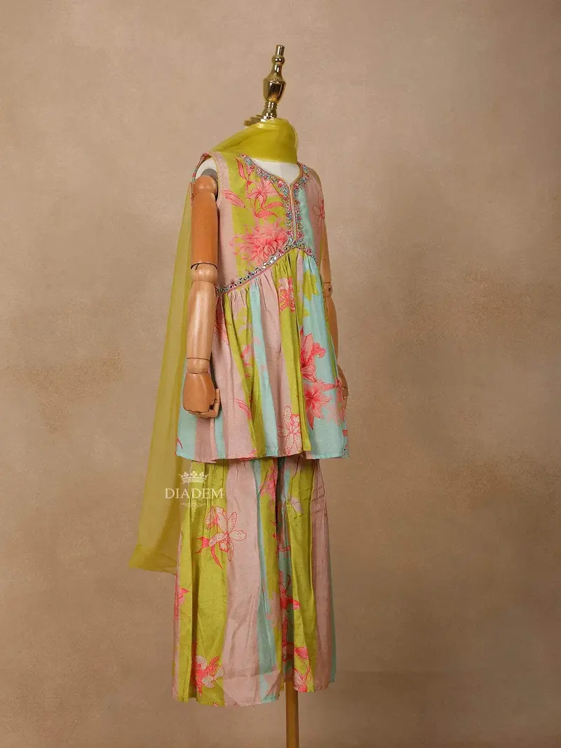 Olive Green Georgette Sharara Suit With Floral Prints And Embroidery Paired With Dupatta 2