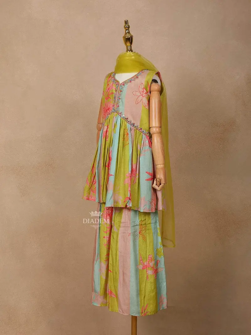 Olive Green Georgette Sharara Suit With Floral Prints And Embroidery Paired With Dupatta 3