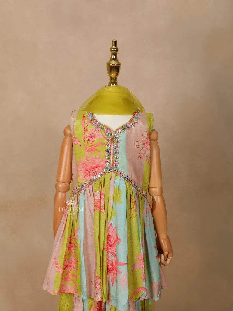 Olive Green Georgette Sharara Suit With Floral Prints And Embroidery Paired With Dupatta 4