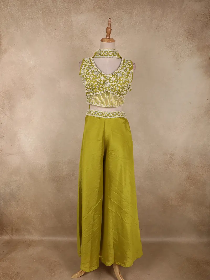 Olive Green Heavy Sequins And Beads Embroidered Design Georgette Palazzo Suit With Dupatta 1