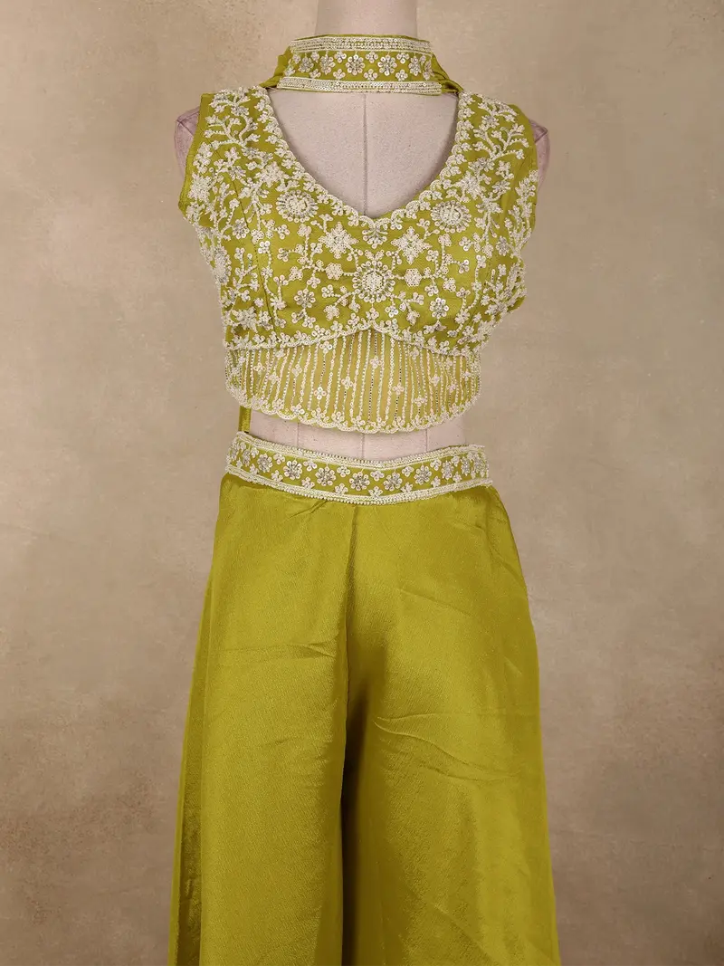 Olive Green Heavy Sequins And Beads Embroidered Design Georgette Palazzo Suit With Dupatta 2