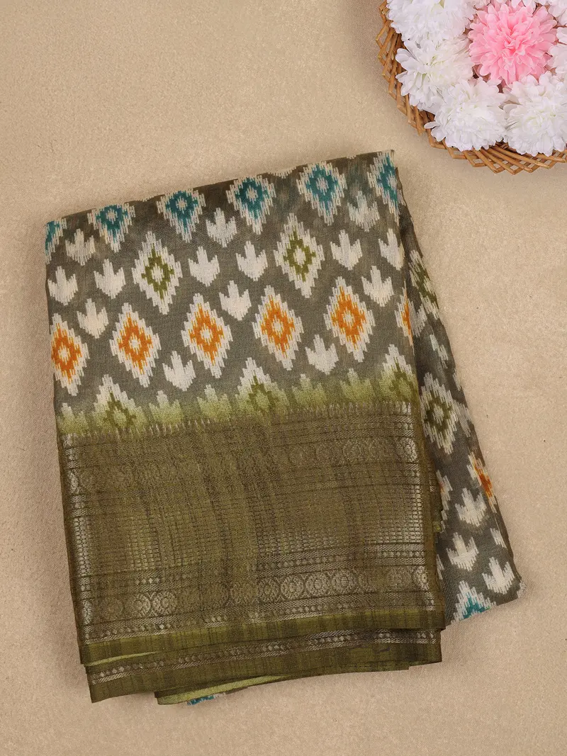 Olive Green Ikat Design Cotton Saree With Zari Border 1