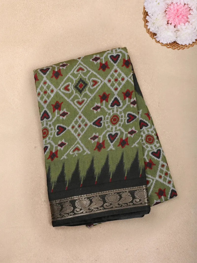 Olive Green Ikat Printed Chanderi Cotton Saree With Black Zari Border 1