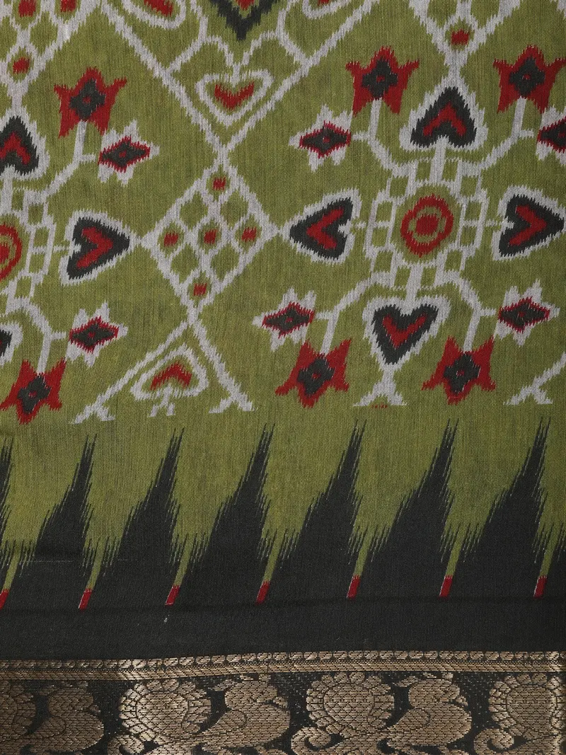 Olive Green Ikat Printed Chanderi Cotton Saree With Black Zari Border 2