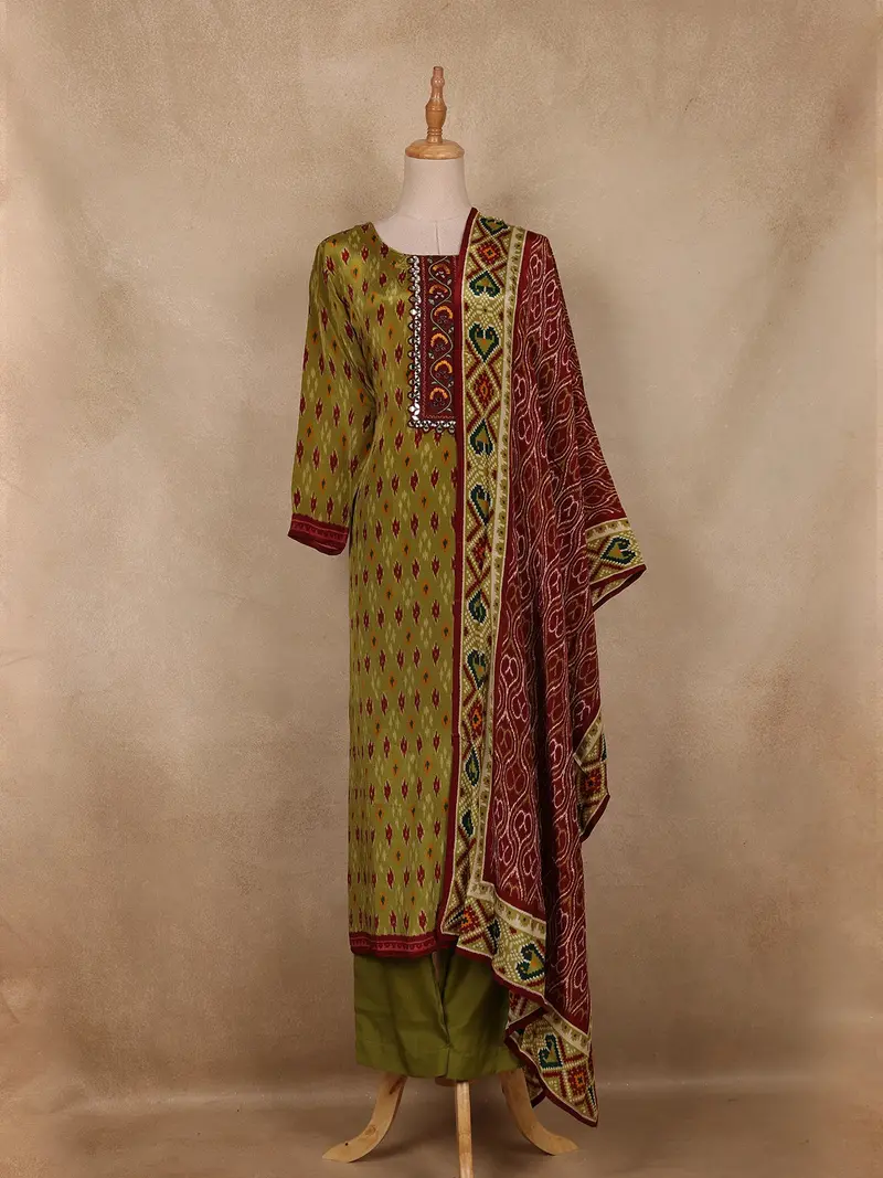 Olive Green Ikat Printed Crepe Salwar Suit With Dupatta 1