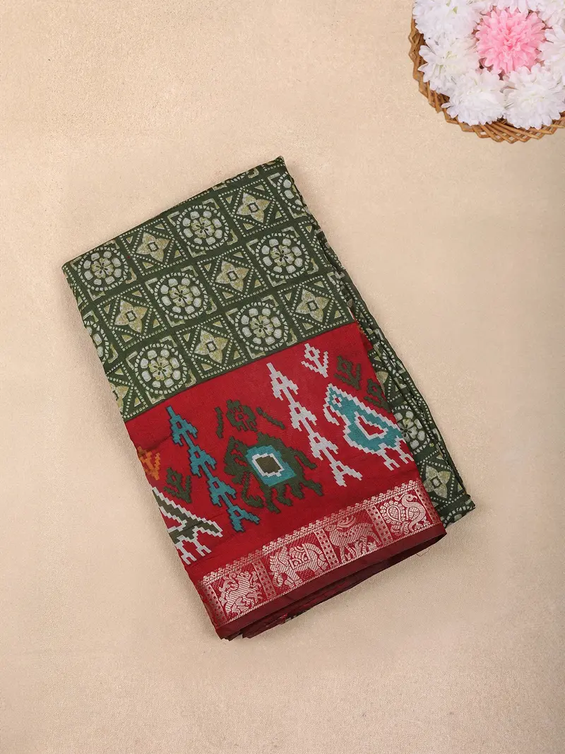 Olive Green Ikat Printed Design Chanderi Cotton Saree With Contrast Zari Woven Border 1