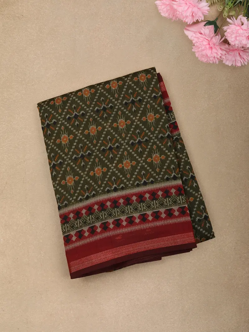 Olive Green Ikat Printed Design Linen Cotton Casual Wear Saree 1