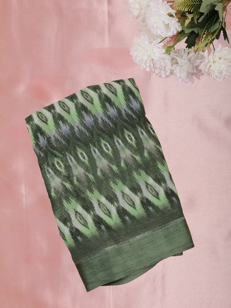 Olive Green Ikat Printed Design Mixed Cotton Saree 1