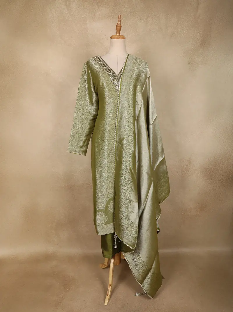 Olive Green Jacquard Tissue Silk Salwar Suit With Dupatta 1