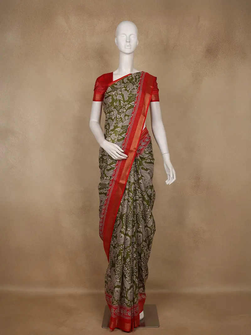 Olive Green Kalamkari Printed Cotton Saree With Contrast Red Border 1
