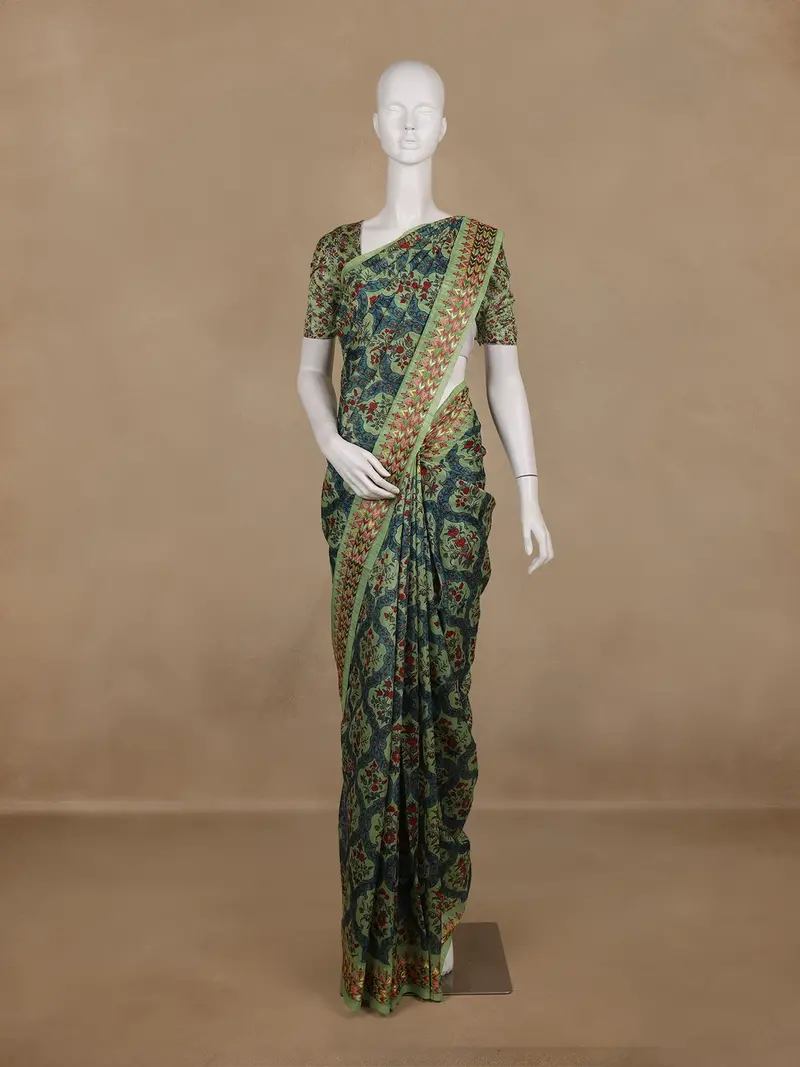 Olive Green Kalamkari Printed Design Cotton Saree 1