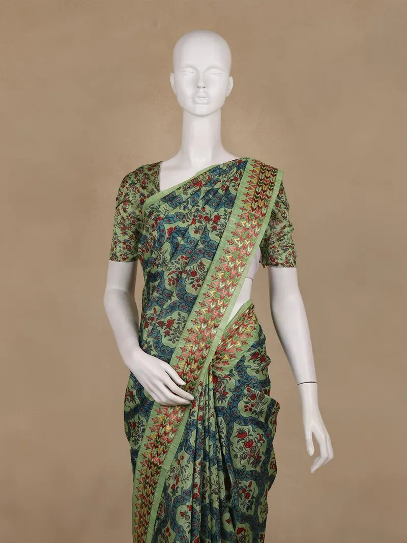 Olive Green Kalamkari Printed Design Cotton Saree 2