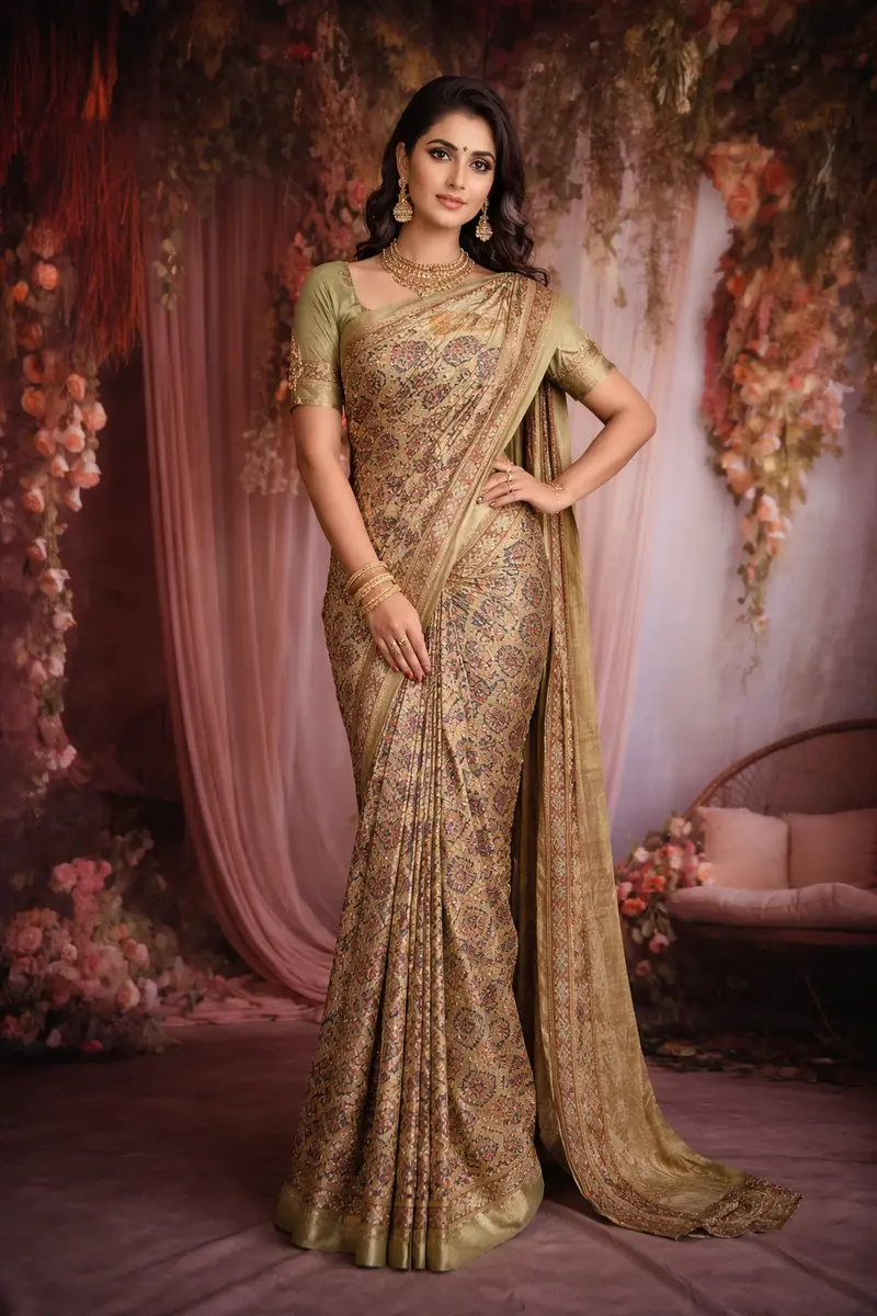 Olive Green Kalamkari Printed Semi Silk Saree With Contrast Border 1
