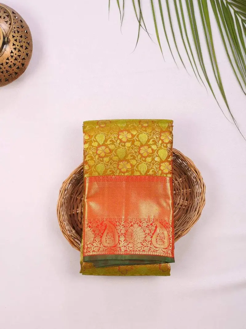 Olive Green Kanchipuram Bridal Silk Saree With Floral Motif And Zari Border 1
