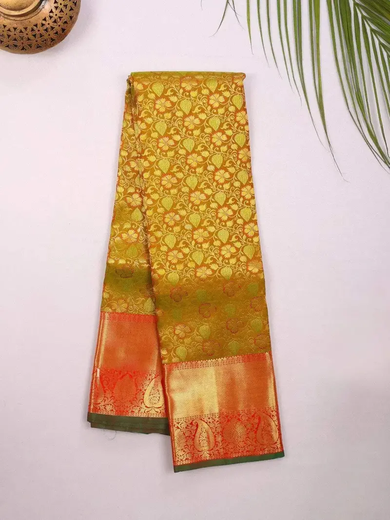 Olive Green Kanchipuram Bridal Silk Saree With Floral Motif And Zari Border 2