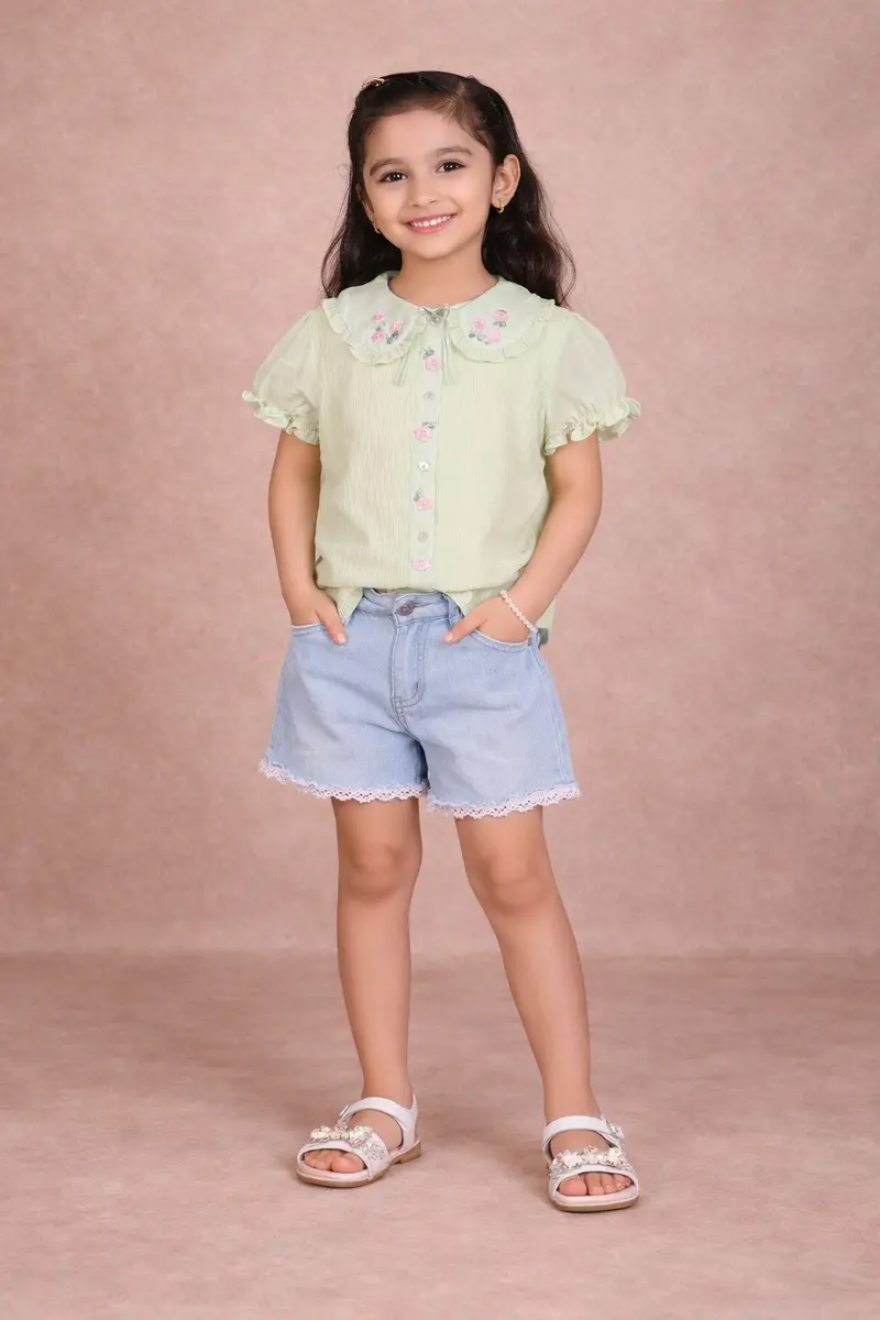 Olive Green Kids Top Adorned With 3D Flower And Stripes  Design 1