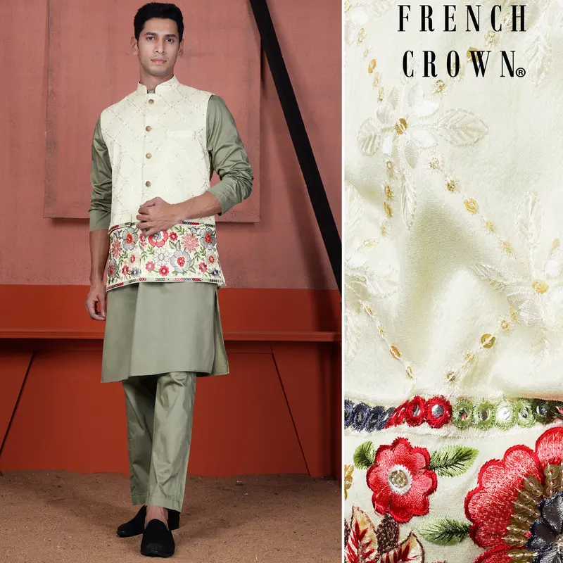 Olive Green Kurta With Merino Cream And Terra Pink Floral Cotton Thread Embroidered Designer Nehru Jacket 1