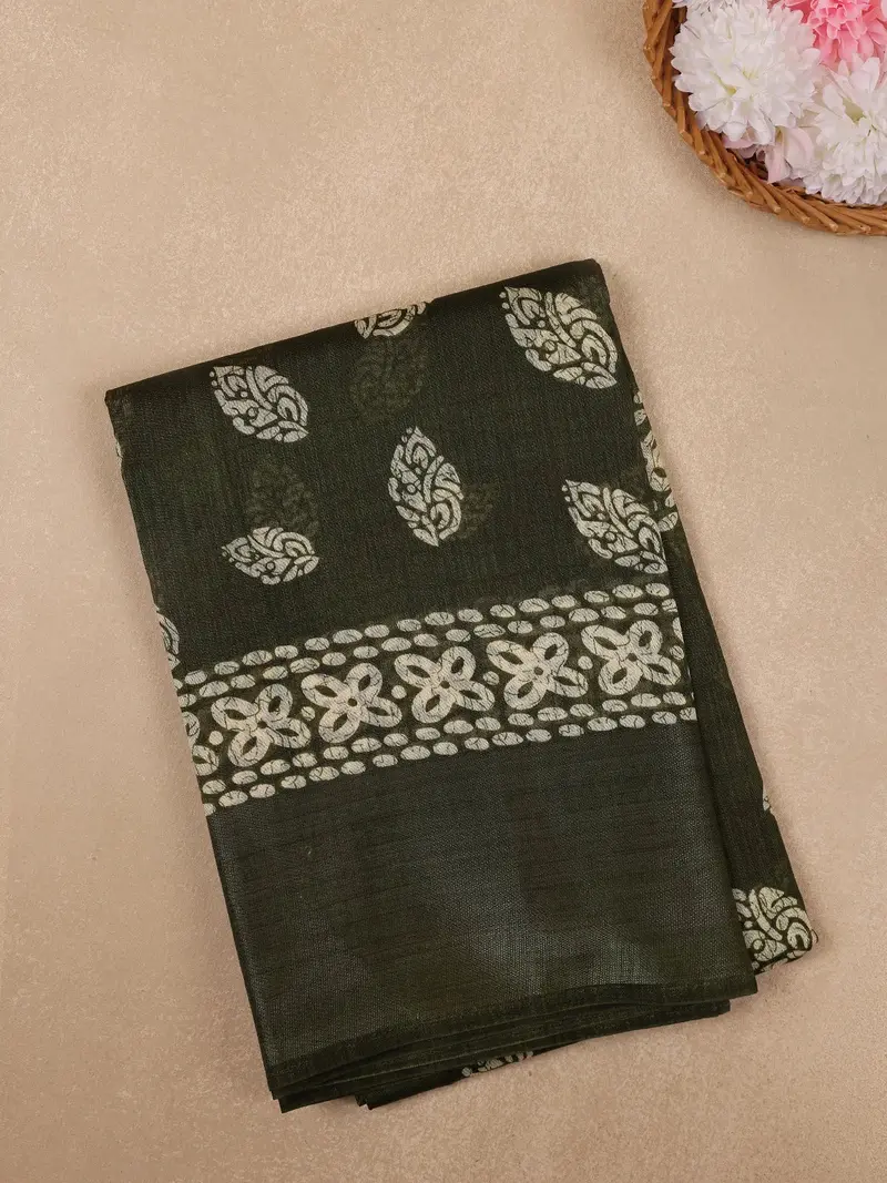Olive Green Leaf Motif Printed Cotton Saree 1
