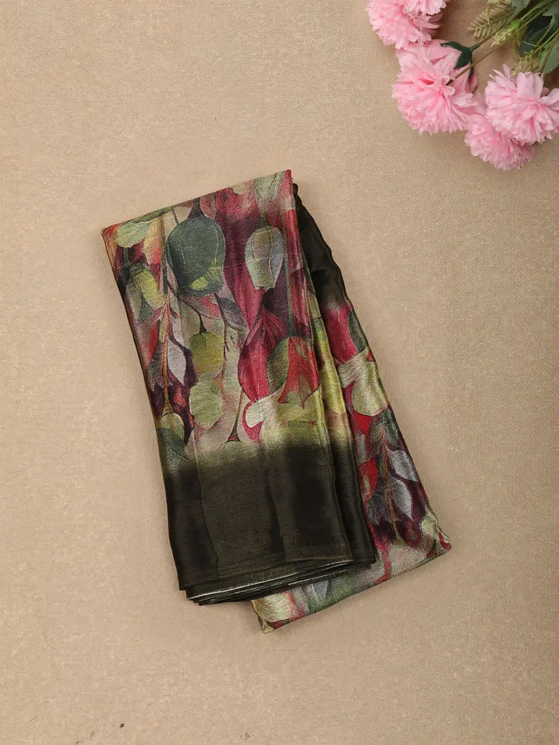 Olive Green Leaf Printed Design Crepe Silk Casual Wear Saree 1