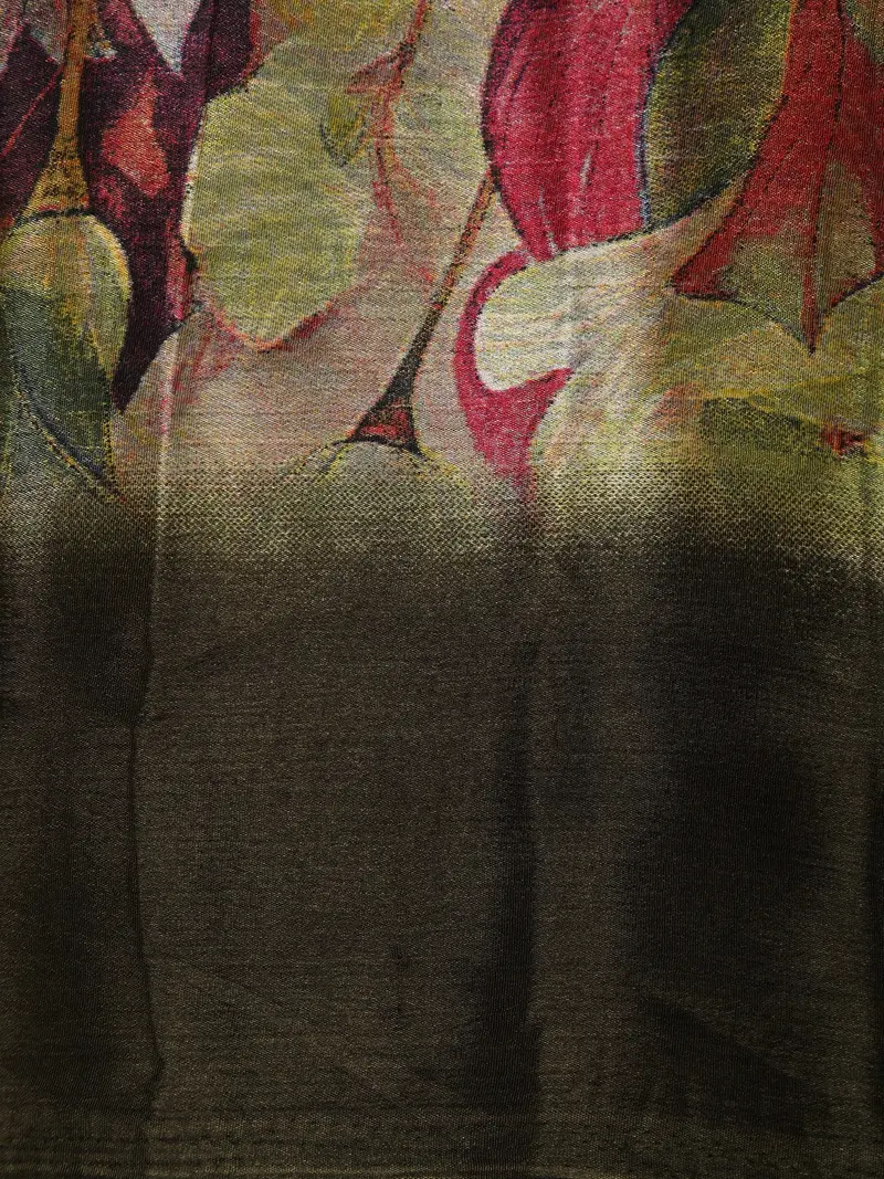Olive Green Leaf Printed Design Crepe Silk Casual Wear Saree 2