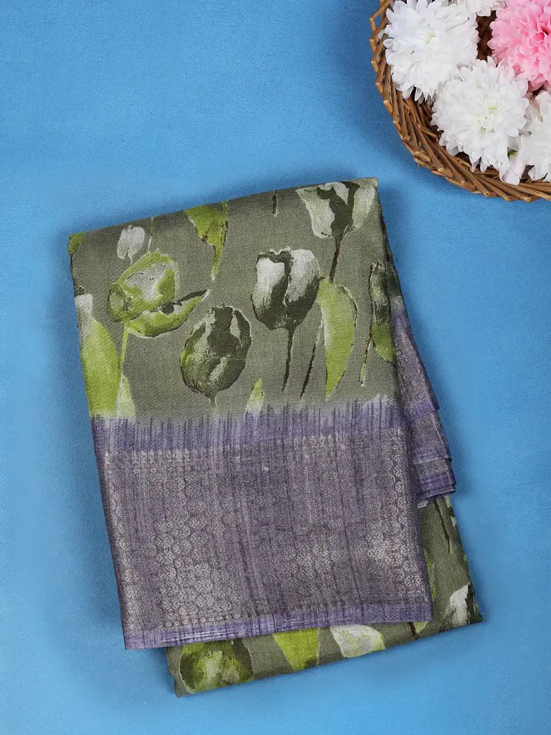 Olive Green Leaf Printed  Raw Silk Saree 1